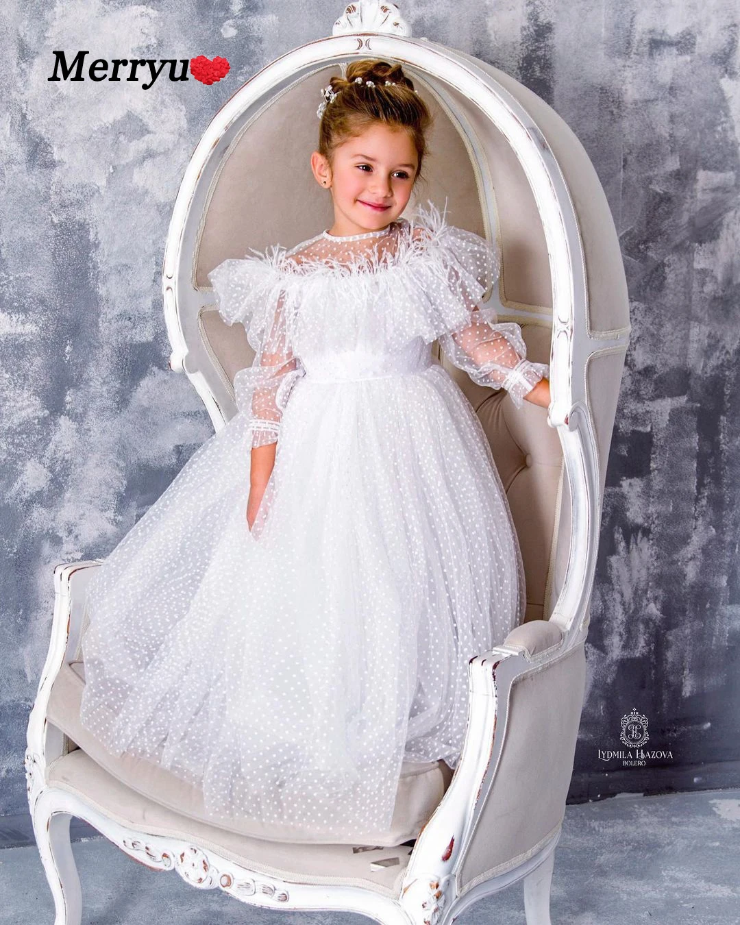 

White Polka-dot Tulle Flower Girl Dresses Illusion Long Sleeves Girl Wedding Party Dress Feather Communion Dress Birthday