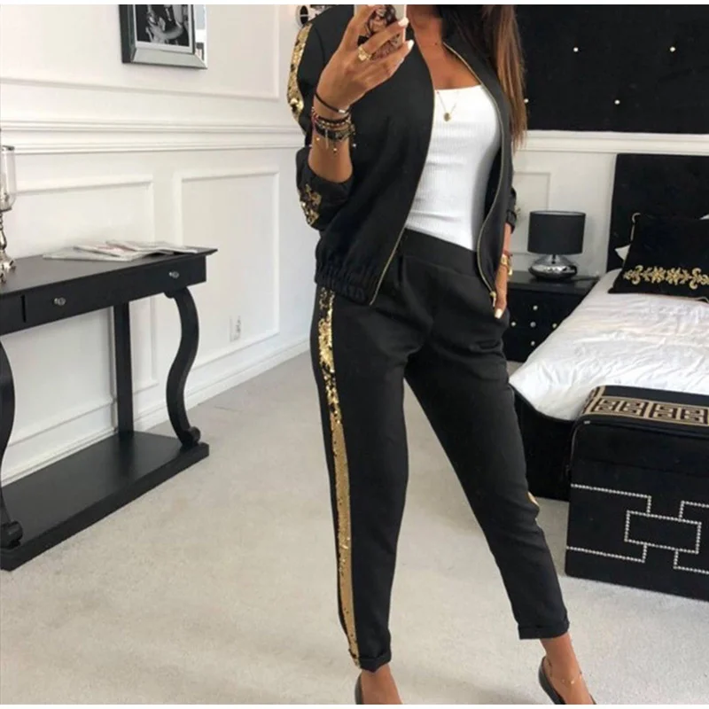 

Patchwork Sequin Women's Tracksuit Zipper Long Sleeve Coat Drawstring Pants Female Sports Sets 2021 New Thin Fashion Ladies Suit