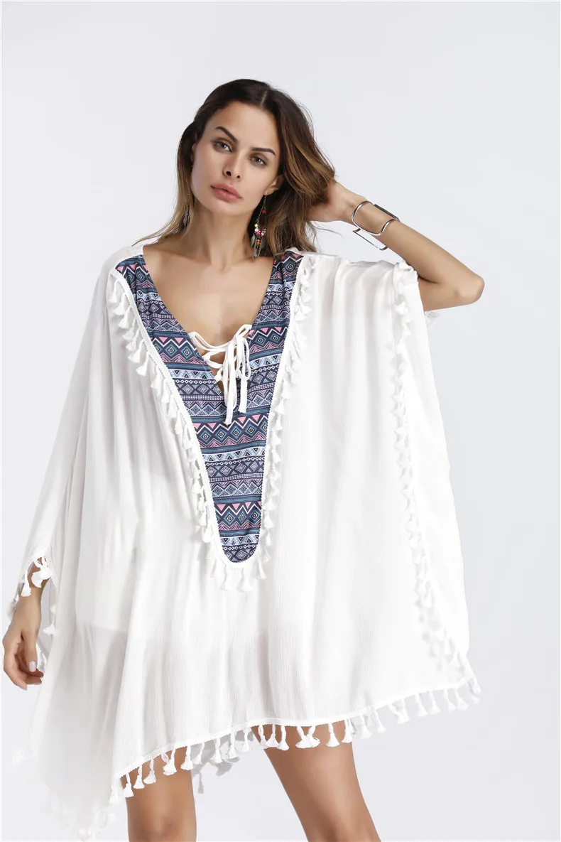 

Блузка женская с длинным рукавом, повседневная однотонная Пляжная, с бахромой, с V-образным вырезом, с защитой от солнца, для отпуска, на лето