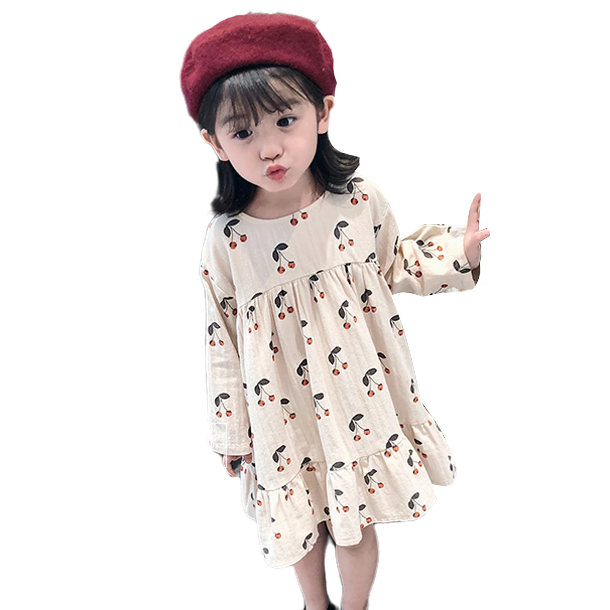 Little Girls Cotton Dress Long Sleeve Round Neck Cherry Pattern Loose Ruffle Outfit Wild Sweet Princess One-piece Clothes |