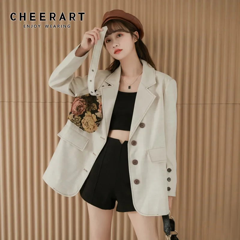 

CHEERART Autumn Contrast Stitch Blazer Women Patchwork Beige Floral Loose Blazer And Jackets Ladies Suits Coat 2020 Fashion