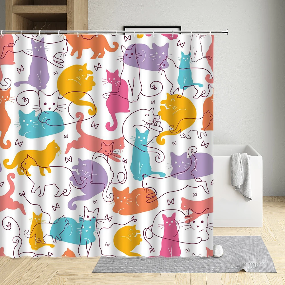 

Cartoon Shower Curtains Set Cute Cat Printed Design Fabric Polyester Cloth Home Bathroom Decor Curtains Bath Curtain with Hooks