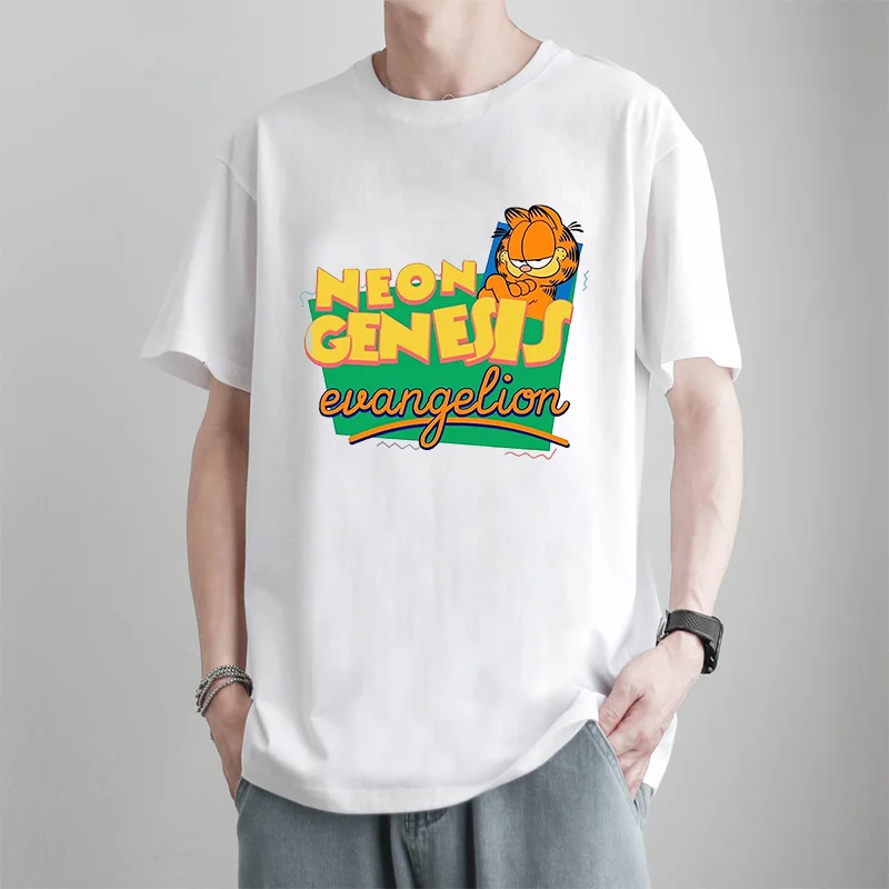 Garfield-Neon Genesis Evangelion Футболка Harajuku забавные Графические футболки белые Camisetas Hombre
