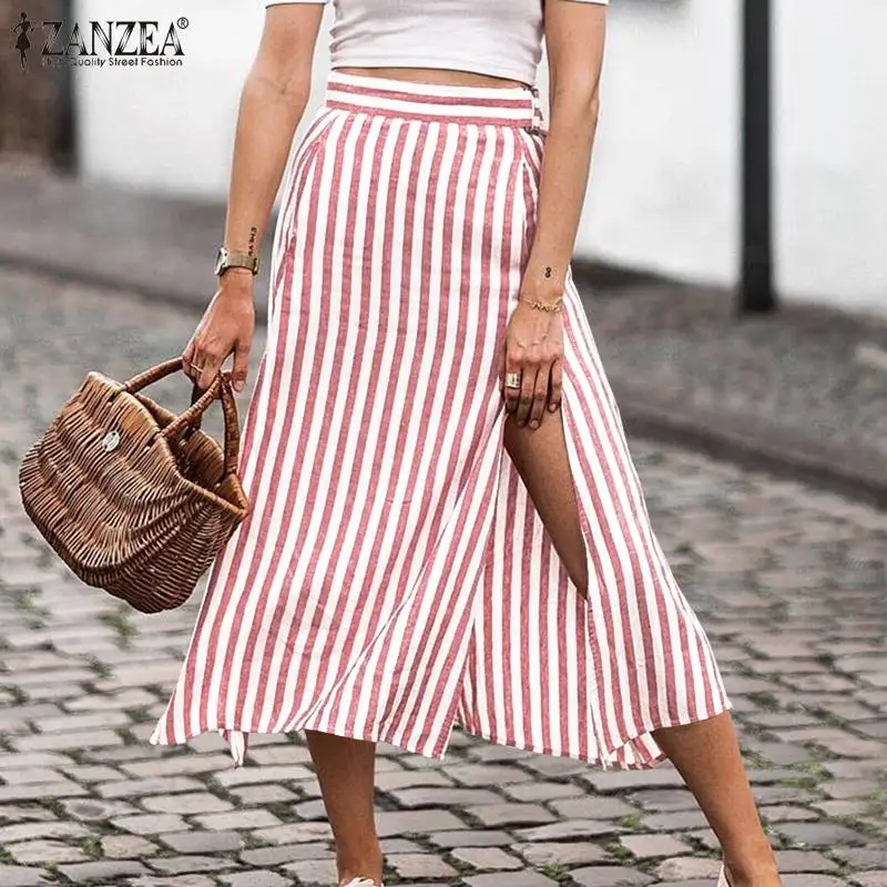 

Women Elegant Skirts ZANZEA 2021 Summer Fashion Midi Skirts Casual Striped Belted Bottoms Office Lady A-line Skirts