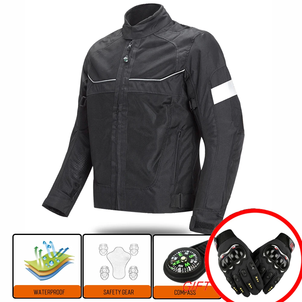 

Men's Black Summer Breatheable Protective Jackets Motorcyele Reflective Racing Jacket Protection Mesh Moto Detachable Motorbike