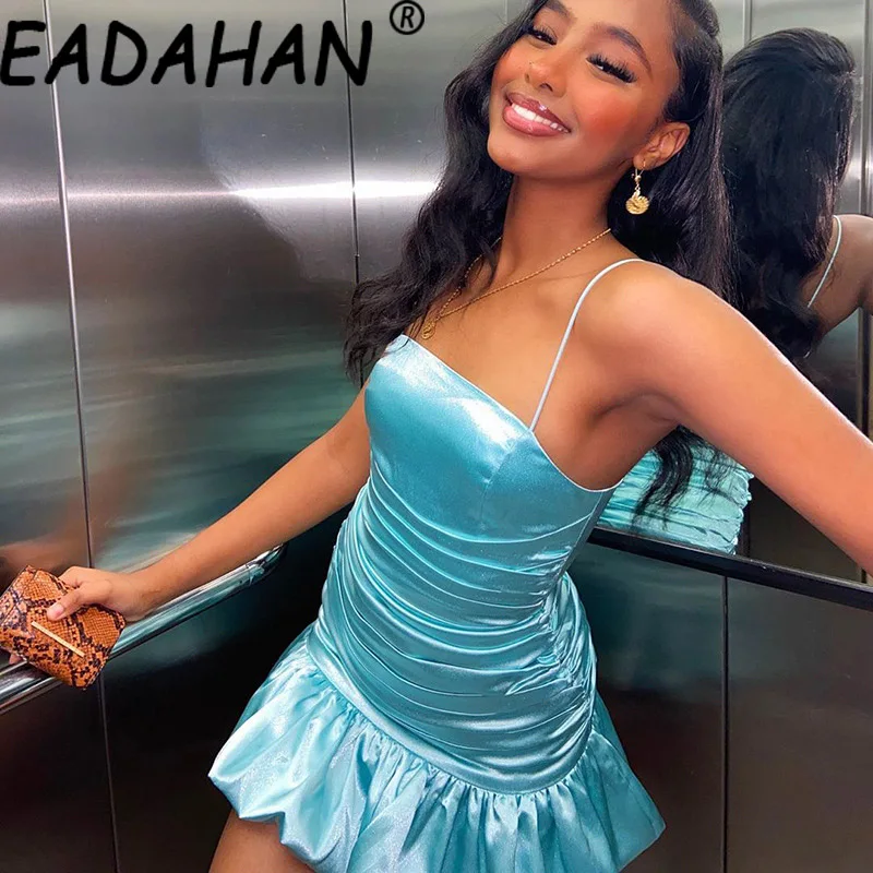 

Eadahan 2021 Fashion Women's Light Blue Bright Silk Explosion Style Sexy Light Mature Slim Strapless Sling Fishtail Skirt