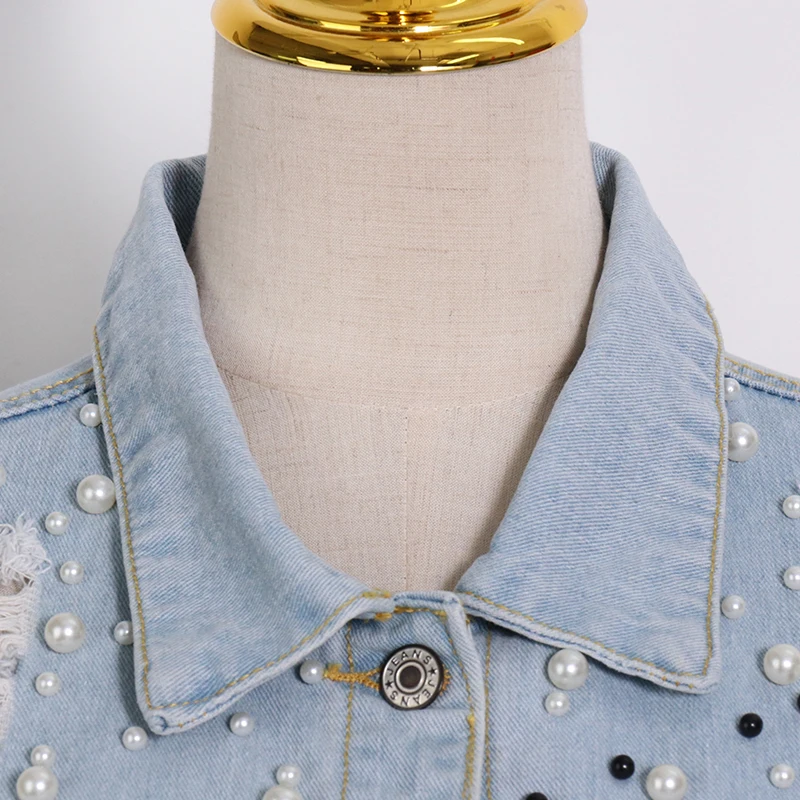 

CHICEVER Casual Patchwork Pearls Denim For Women Lapel Hollow Out Sashes Long Sleeve Denims Female New 2021 Spring Fashiom