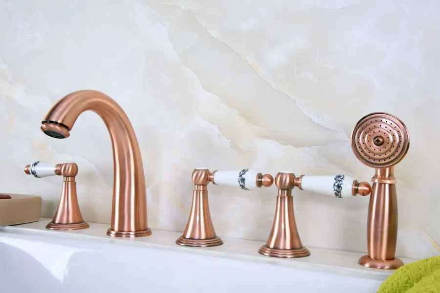 

Antique Red Copper Brass Widespread Three Handles Deck Mounted 5 Holes Bathroom Tub Faucet Mixer Tap With Handshower mtf208