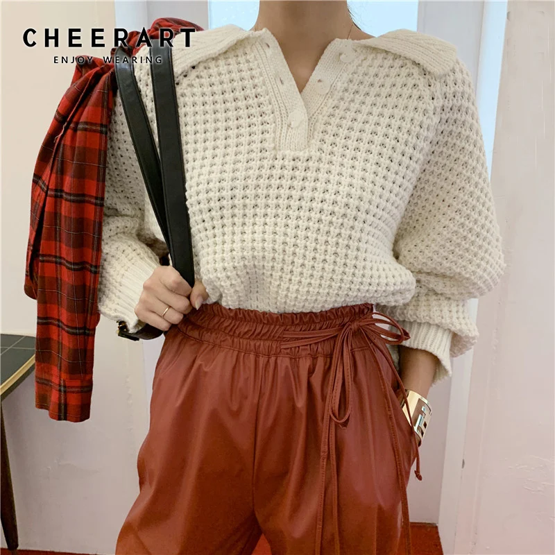 CHEERART пуловер свитер женский поло шеи джемпер свободный белый вафельный вязаный