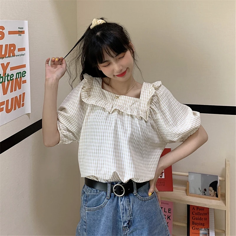 

3 Sizes M-xl Causal Loose Square Collar Short Puff Sleeve Fresh Cute College Wind Women Summer Top Blouses