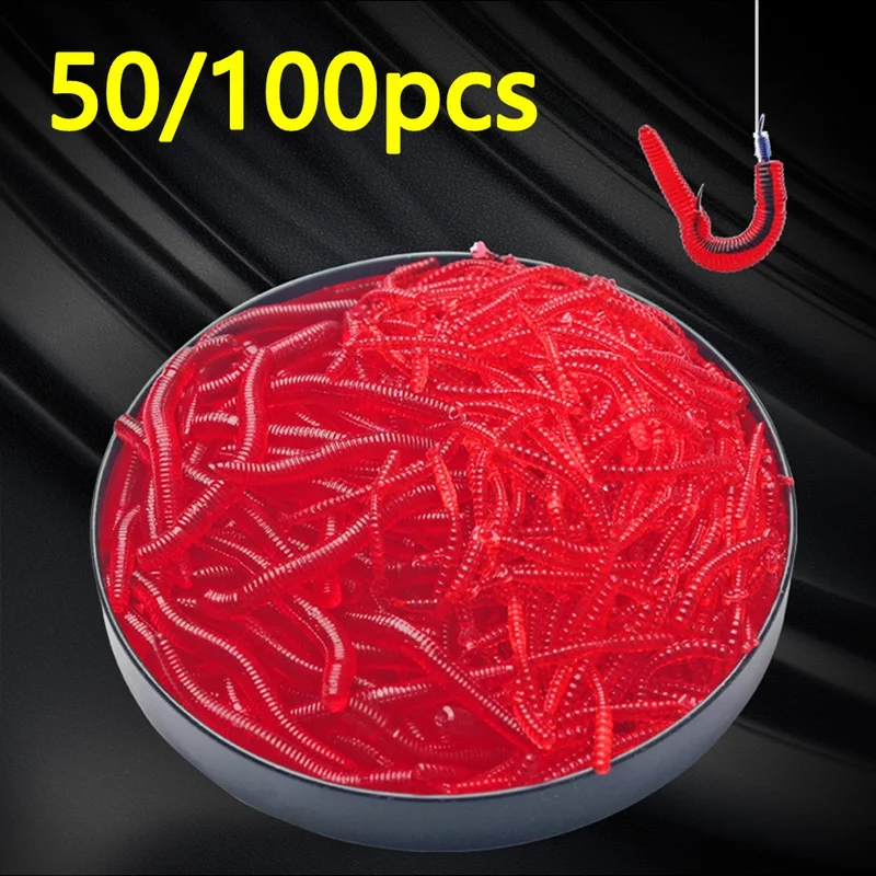 

50/100pcs Lifelike Red Worm Soft Lure 35mm Earthworm Fishing Silicone Artificial Bait Fishy Smell Shrimp Additive Bass Carp