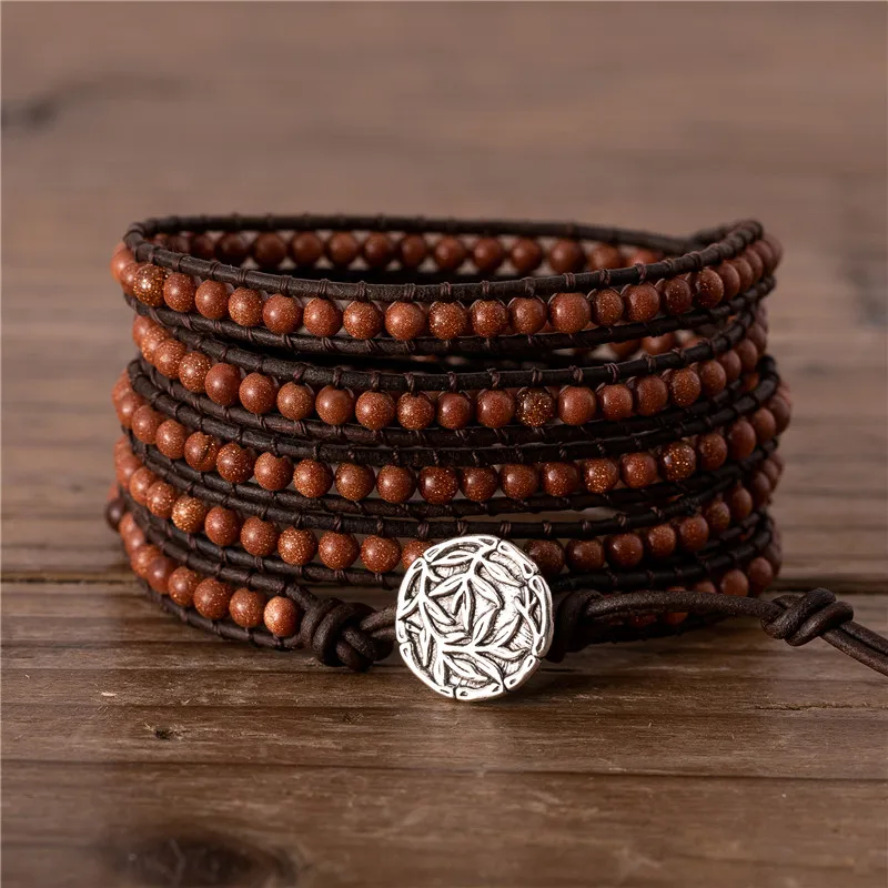 Винтаж 4 мм Золотой песок из бисера браслет в стиле Бохо 5 Обертывания для женщин