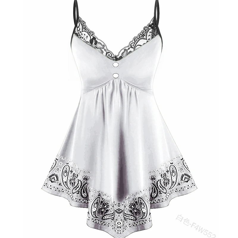 

WEPBEL Lace Stitching Camis Women's Print Slim Camis Summer Fashion V-neck Backless Pleated Spaghetti Strap Beach Camis