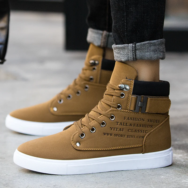 Мужские кроссовки на хлопковой подошве черные высокие из кожи повседневная