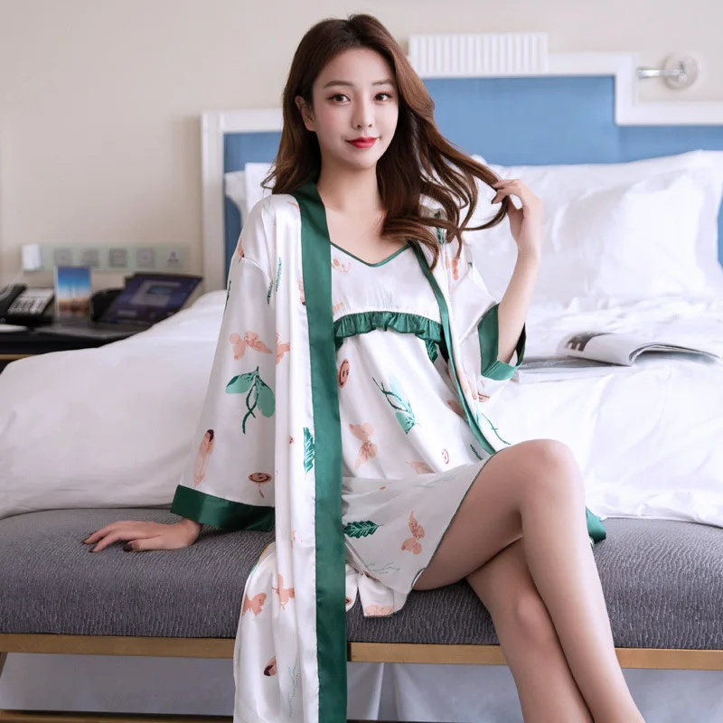 

Summer Women Robe Nightdress Set Casual Soft Kimono Bath Gown Print Cartoon 2PCS Sleepinggown Set Nightwear Silky Satin Homewear