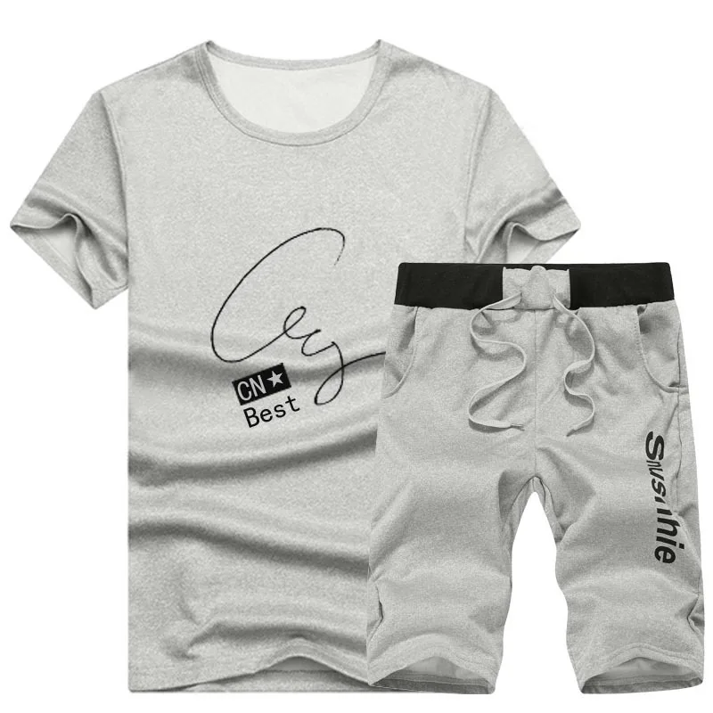 

020 Men Casual Set Fashion 2 PCS Sweat Suit Striped Short Sleeve T-shirt Shorts Sets Male Sportswear Tracksuit Summer Sportsuit