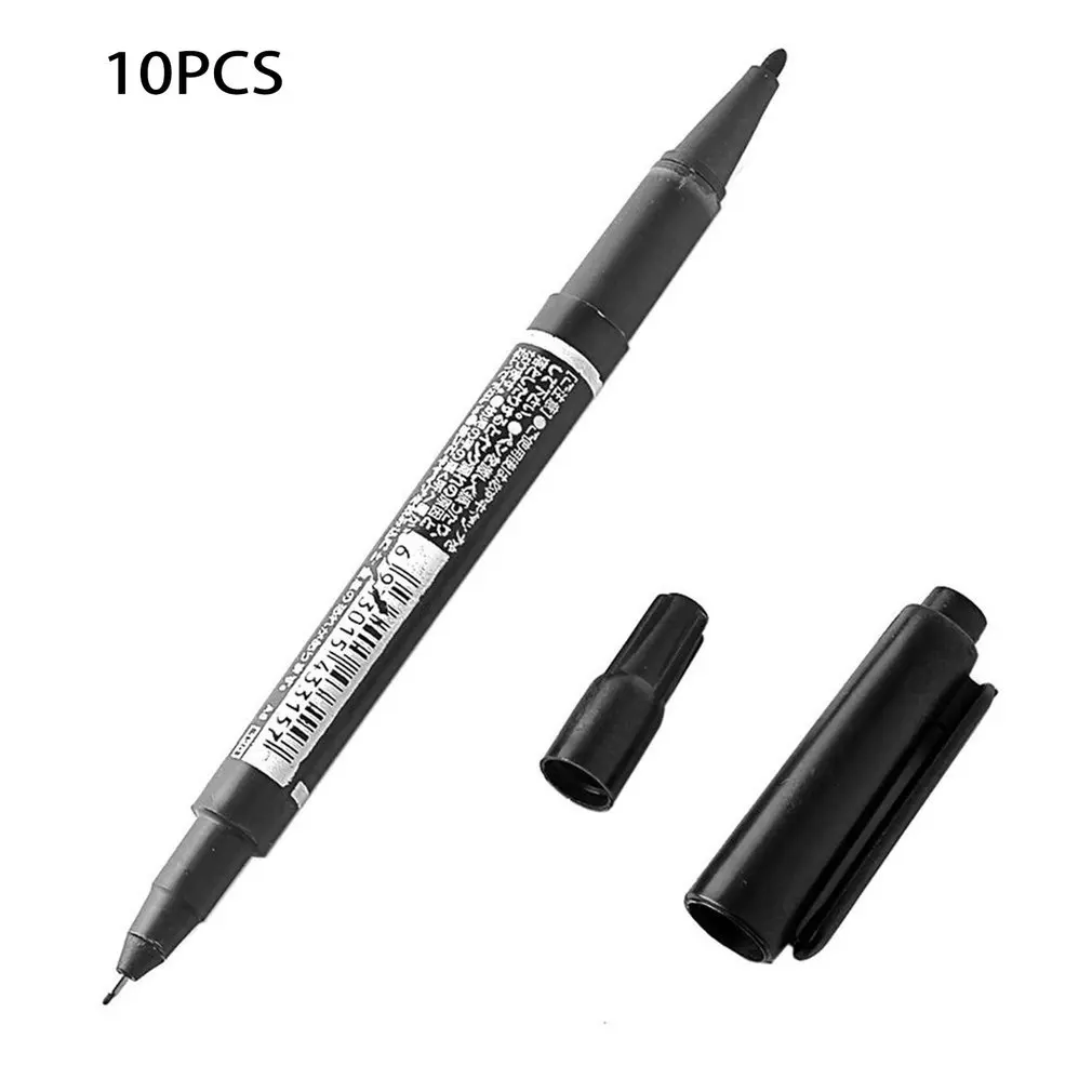 

10 шт. 0,5 мм-2 мм, портативный двойной маркер, Перманентный маркер, 10 шт., водонепроницаемый тонкий необработанный перо, черные чернила