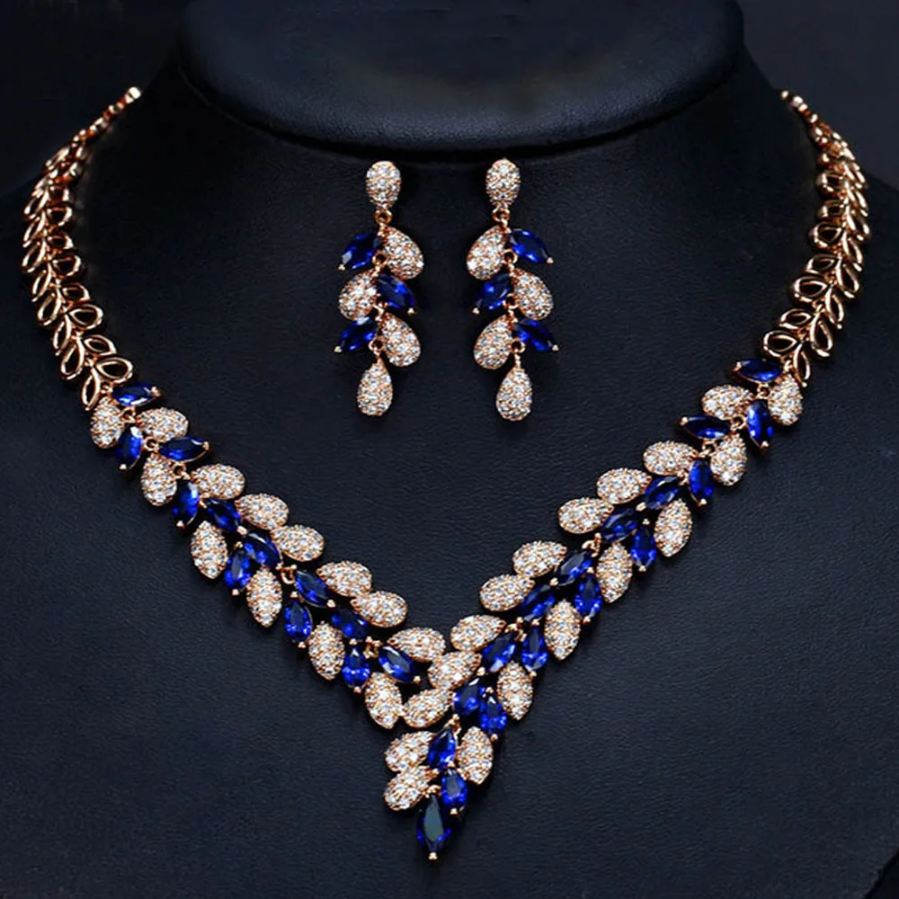 Blue ThreeGraces роскошный Нигерийский Африканский большой лист форма синий кубический цирконий свадебное ожерелье и серьги для свадебного подарка JS086 - Окраска металла: Blue