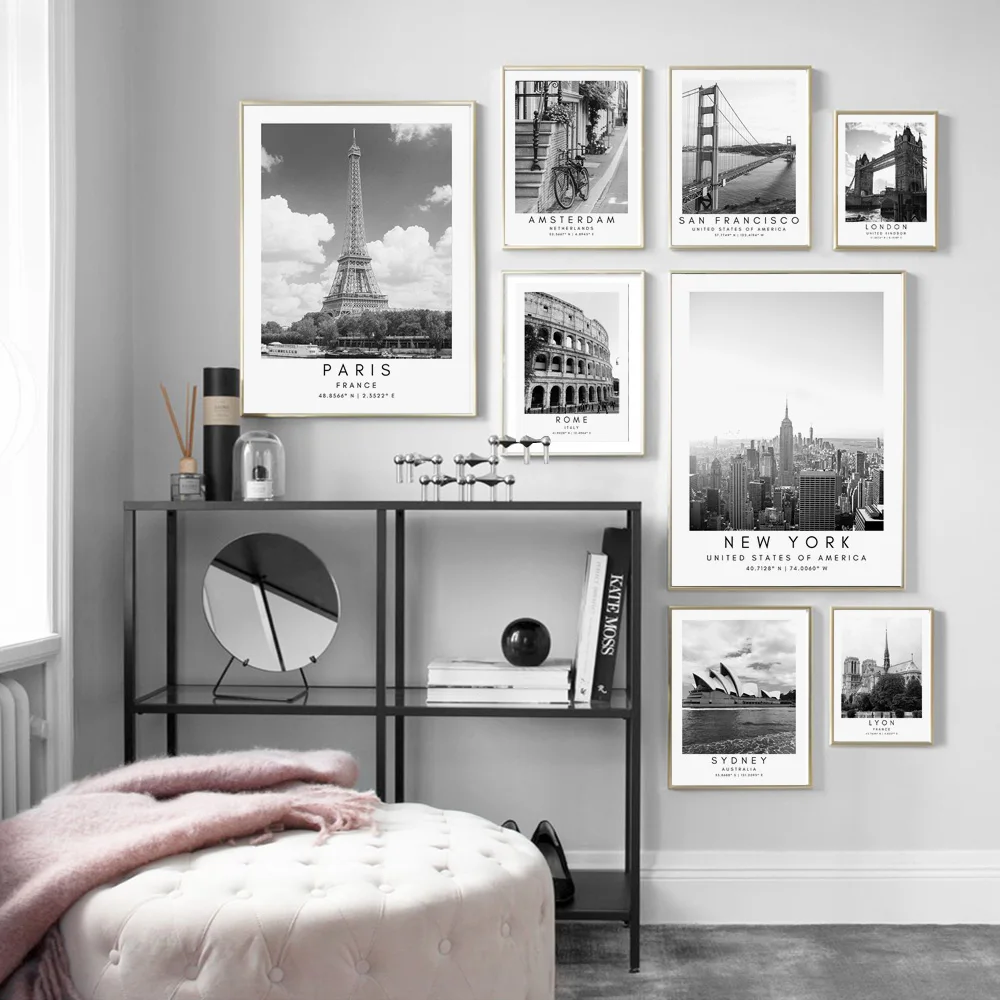 Путешествия по Парижу Лондону Будапешт постеры и принты черно-белые координаты
