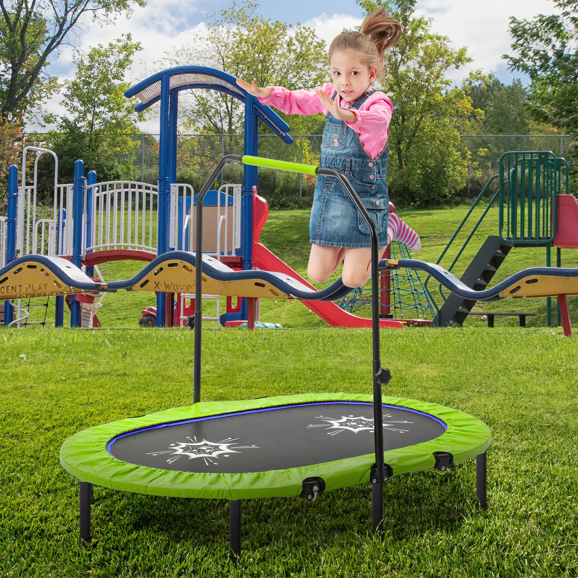 

Parent-Child Twin Trampoline with Adjustable Handrail and Safety Cover, Mini Kids Trampoline for Two Kids (Green Cover)