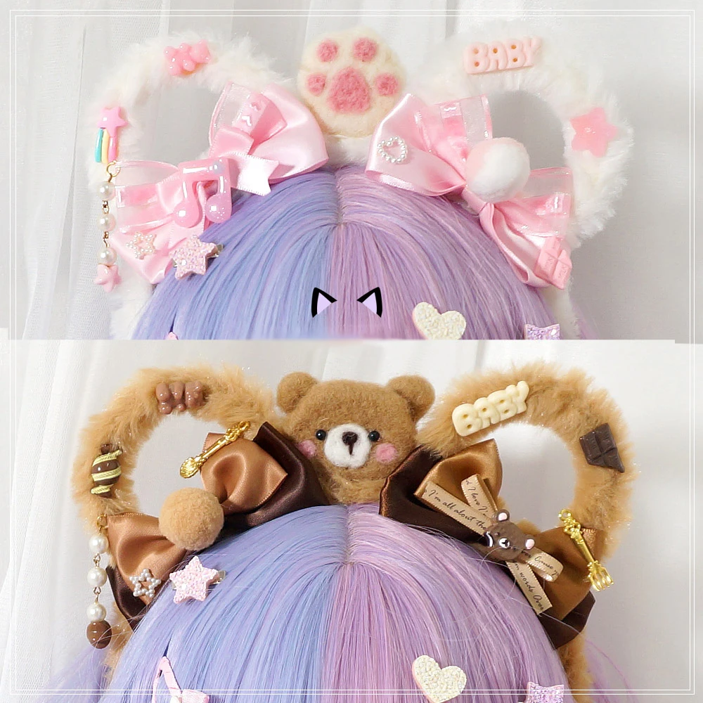

Furry Bear Ears Sweet Handmade KC Beautiful Headband Hairband Bow Lolita Collection Original Design Cute 2 Colors