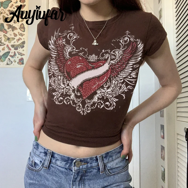 

Auyiufar Heart Wing Print Casual Crop Short Tees Y2k Fairy Grunge Vintage Streetwear Slim Top Basic Women Goblincore Cute Tshirt