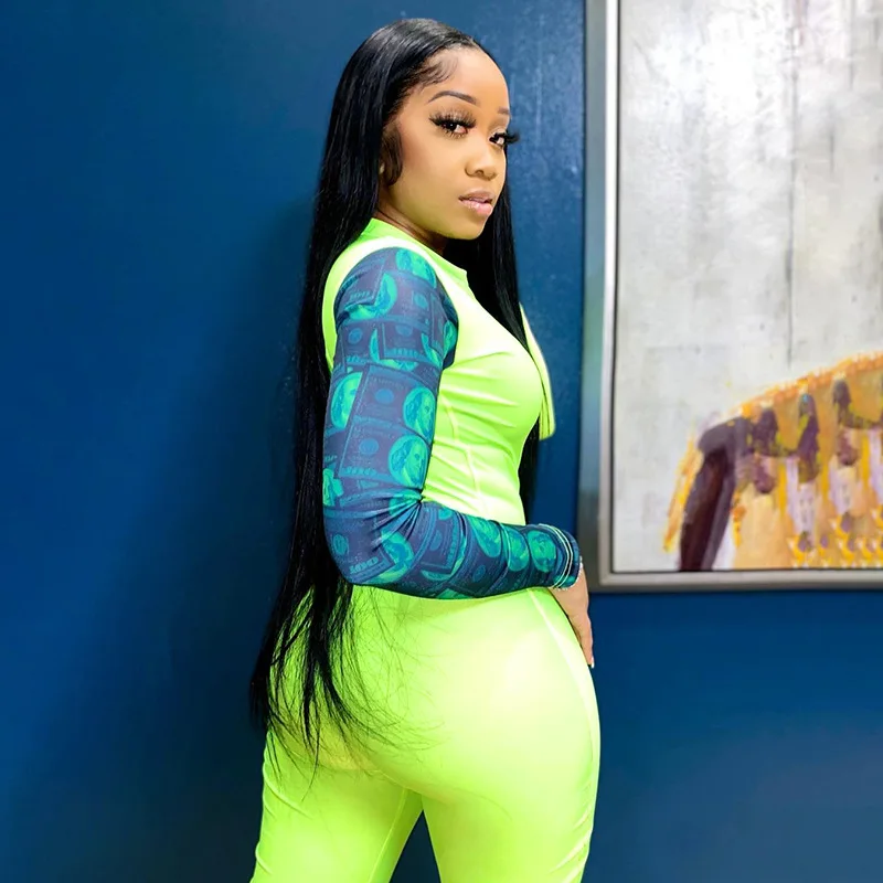 

Casual Sport Fitness Dollar Print Color Block Patchwork Rompers Womens Jumpsuit Sexy Zipper V Neck Long Sleeve Body Jumpsuit