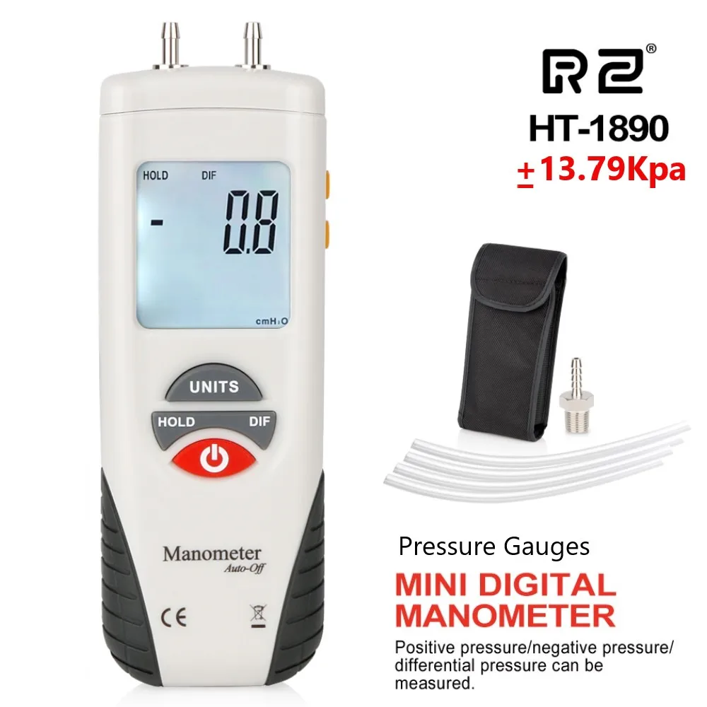 Цифровой манометр RZ HT1890, измеритель давления воздуха с ЖК дисплеем, дифференциальный датчик давления, комплект для хранения данных, давление +/-13,79 кПа - изображение