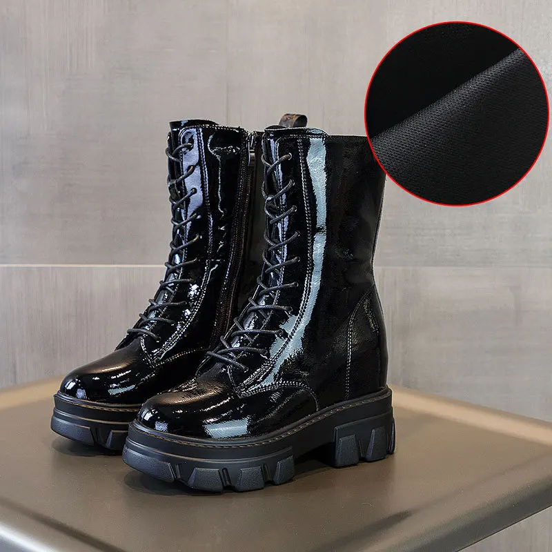 

Swonco Increased Martin Boots Women Genuine Leather Platform Sneakers Black 2020 Autumn Ankle Boots for Women Wedges Chunky Shoe