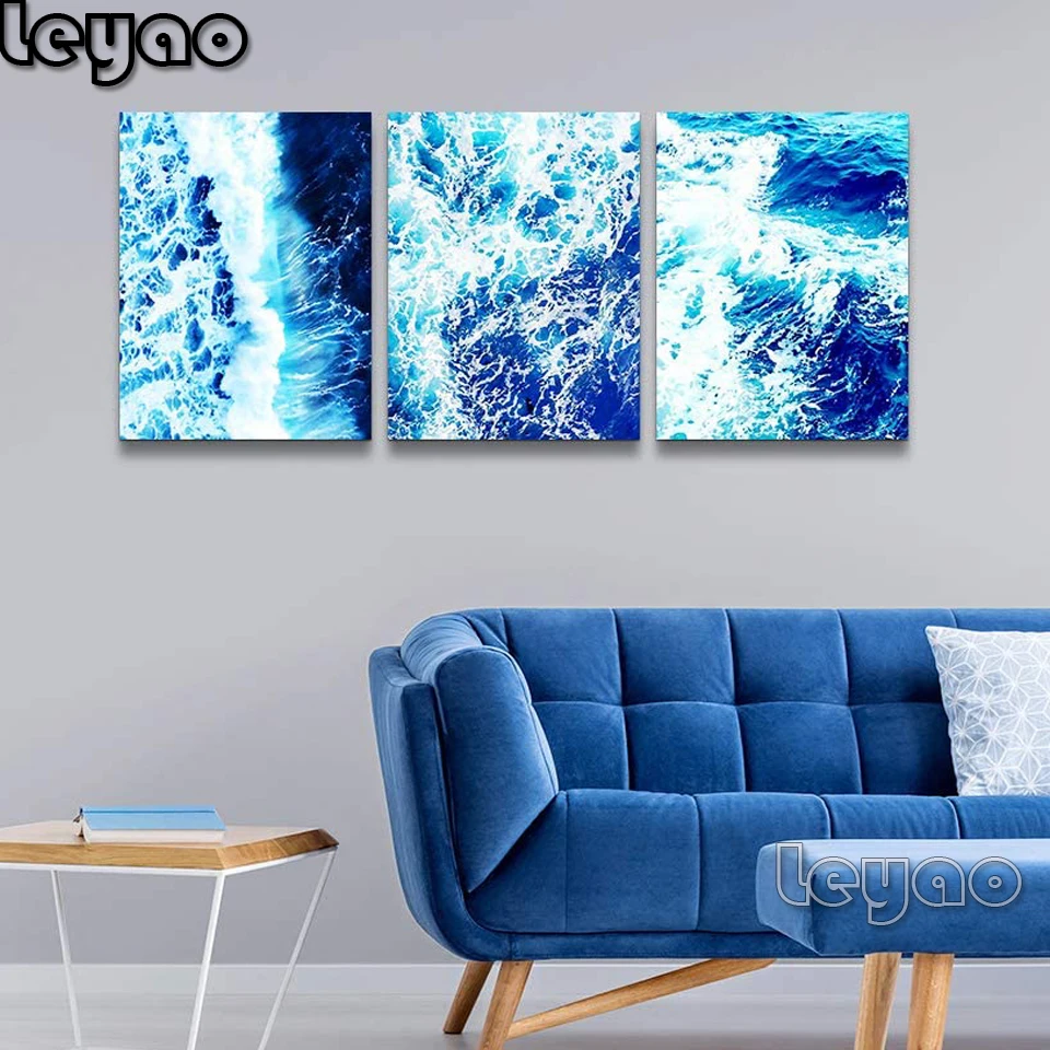 

5d diamond painting Blue Wave Abstract Triptych painting Diy diamond mosaic full drill diamond embroidery round rhinestones,