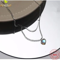 double layer 925 sterling silver necklace for women heart moonstone beads chain necklaces pendants fashion fine jewelry