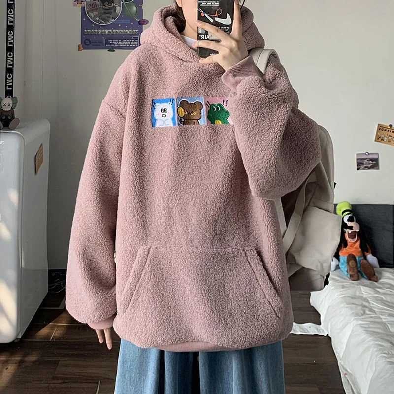 

Hooded Sweatshirts Men Casual Trend Oversize Sports Top Loose Cartoon Embroidery Men's Clothing Long Sleeve Warm Pullover Winter