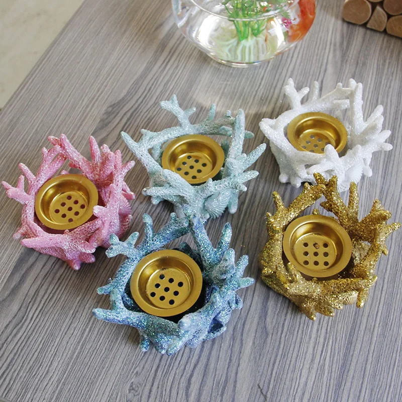 

Mediterranean Style Resin Coral Shape Golden Incense Burner Holder European Desktop Pink Women's Aroma Diffuser Gift