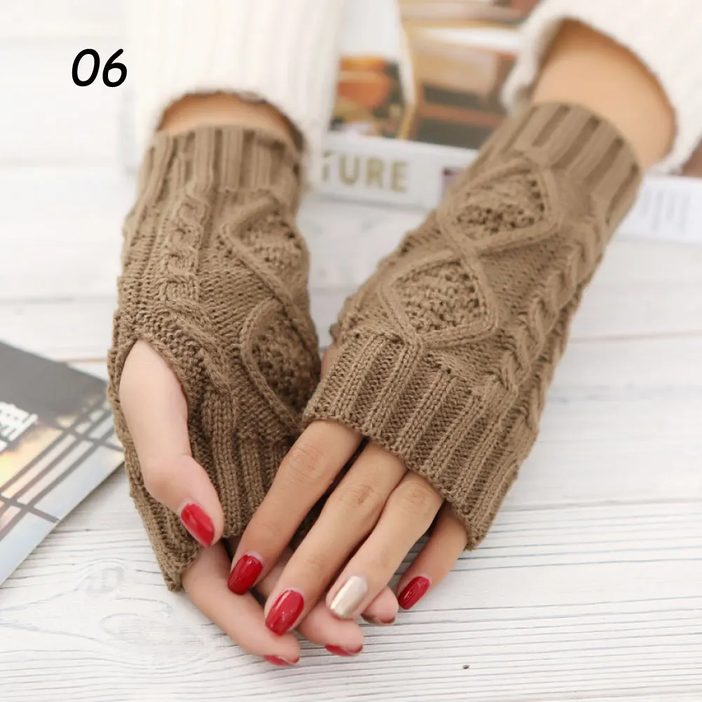 06 Khaki Gloves Sparsil, женские зимние вязаные перчатки без пальцев, теплые шерстяные вязаные перчатки, 20 см, жаккардовые варежки на половину пальцев, эластичные короткие Защитные перчатки на запястье - Цвет: 06 Khaki Gloves