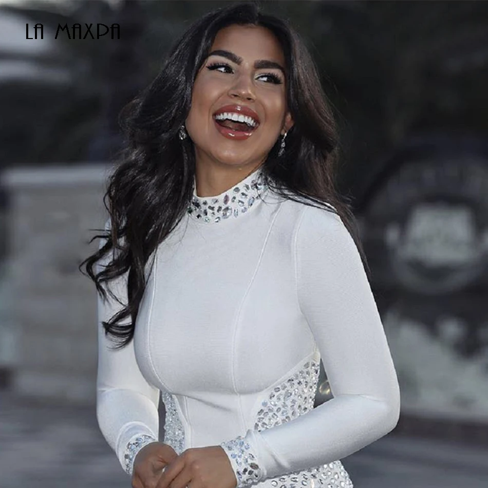 2021 высококачественное белое платье с бусинами и длинным рукавом до колена из