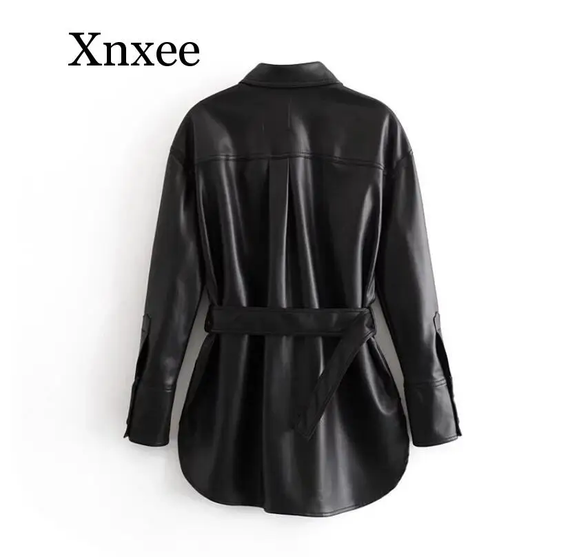 Slim PU Coats Women Fashion Faux Leather Jackets Women Elegant Tie Belt Waist Pockets Buttons Coats Female Ladies faux leather