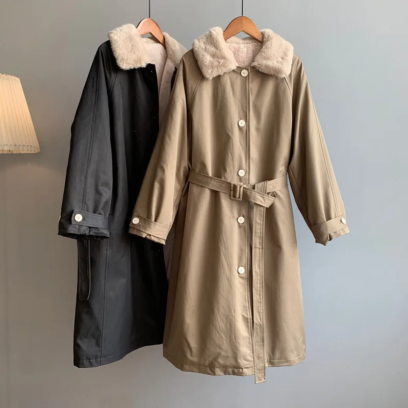 

2020 Furry Inner Turn Down Collar Sleeve Winter Long With Belt Tops Single Button Women Coat Casaco Feminino