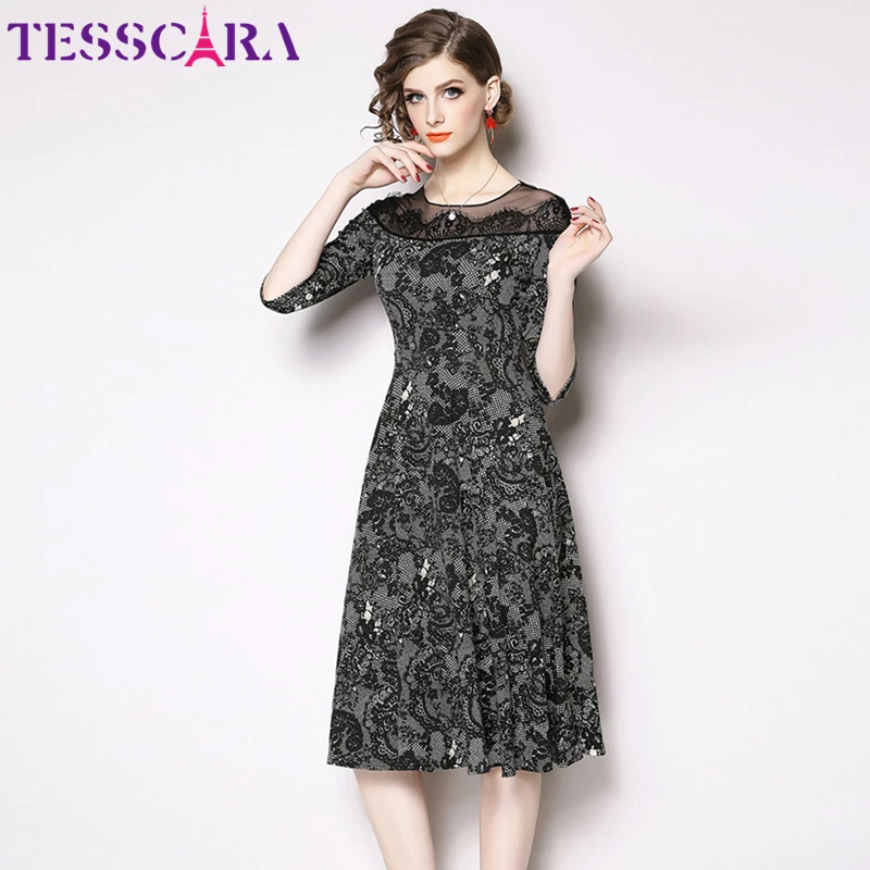 TESSCARA, женское осеннее элегантное платье, праздничное, женское, высокое качество, винтажное, кружевное, дизайнерское, Vestidos, модное, офисное, для девушек, вечерние, Халат
