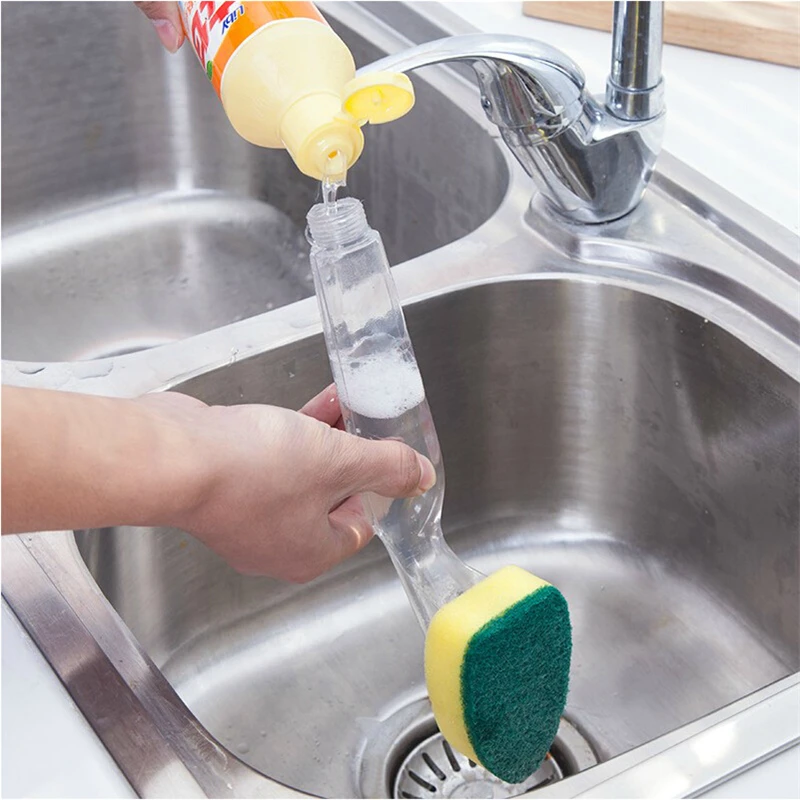 

Dish Washing Tool Soap Dispenser Handle Refillable Bowls pans cups Cleaning Sponge Brush Magic Kitchen Cleaning Brush