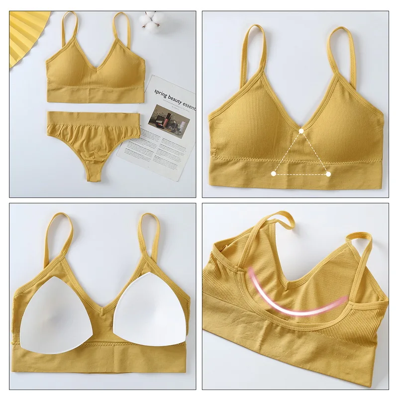 

Women Padded Bra Brazilian Panties Set Seamless Tops Sports Bra Set Sexy Thongs Girl Lingerie Fitness Crop Top Underwear