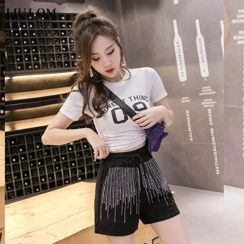 

Shorts Female 2020 Summer New Elastic Waist Fashion Temperament Rhinestone Casual Loose Thin Wild Wide Leg Ice Silk Shorts Women