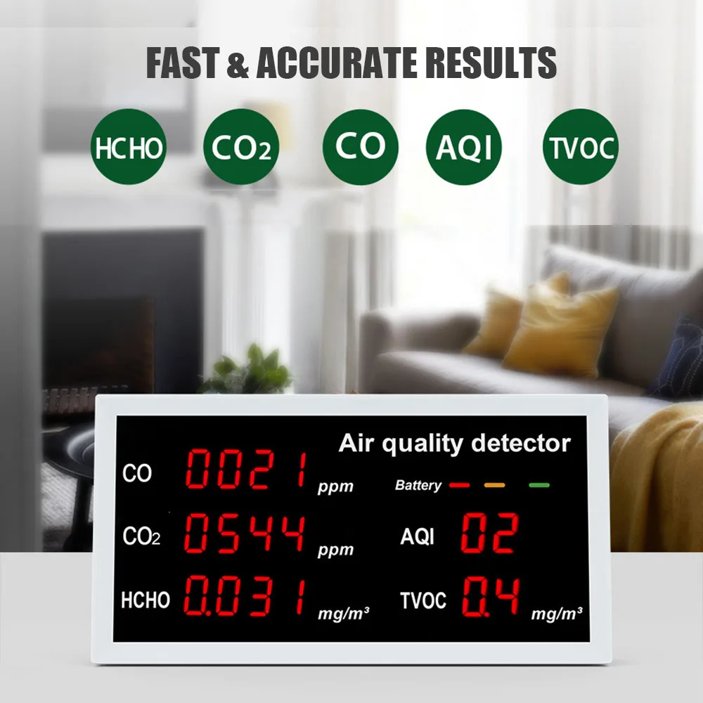 

Air Quality Monitor LED Display CO2 Detector 5 in 1 Accurate Tester for CO2 CO TVOC HCHO AQI Multifunctional Air Gas Detectors