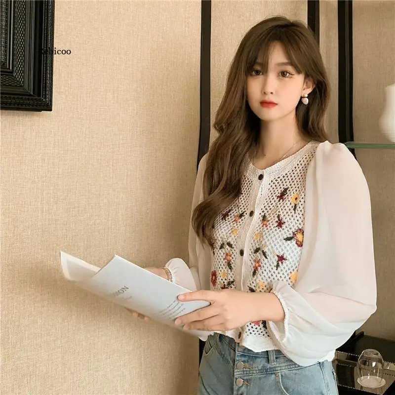 Женский короткий кардиган с вышивкой пикантные топы из органзы шифоновые