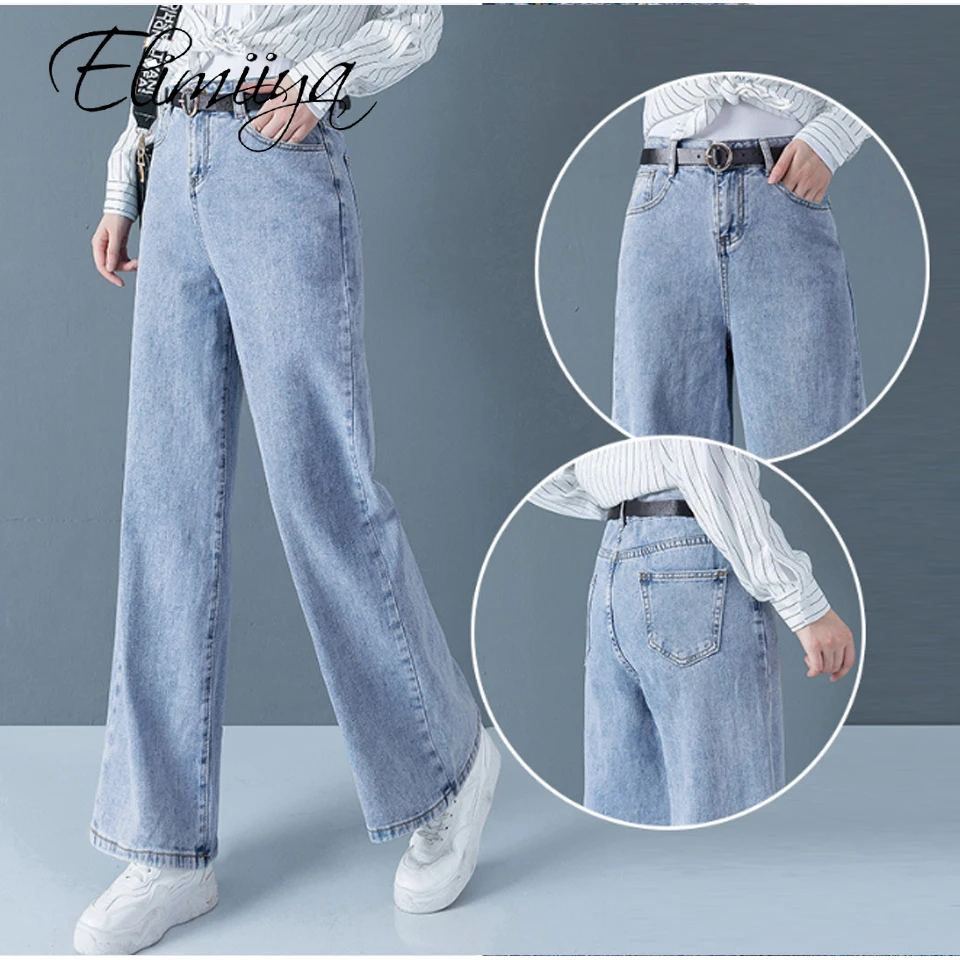 

Elimiiya Jeans Women Loose Full Length High Waist wide leg Jeans Thin Denim Trousers korean Style Fashion Pants + Belt Female