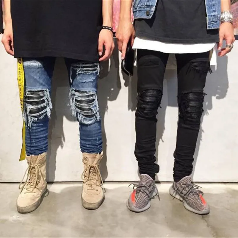 Stretch Black Blue Fashion Pleated Hip Hop Denim Pant New Men Skinny Ripped Biker Jeans Joggers Destroyed Holes Pants plus size | Мужская