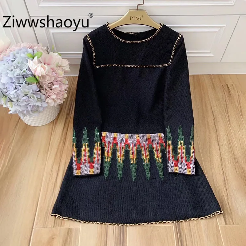 Многоцветный Ziwwshaoyu Runway Creation зимние женские винтажные Мини-платья с длинным рукавом и цепочкой, украшенное блестками роскошное платье - Цвет: Многоцветный