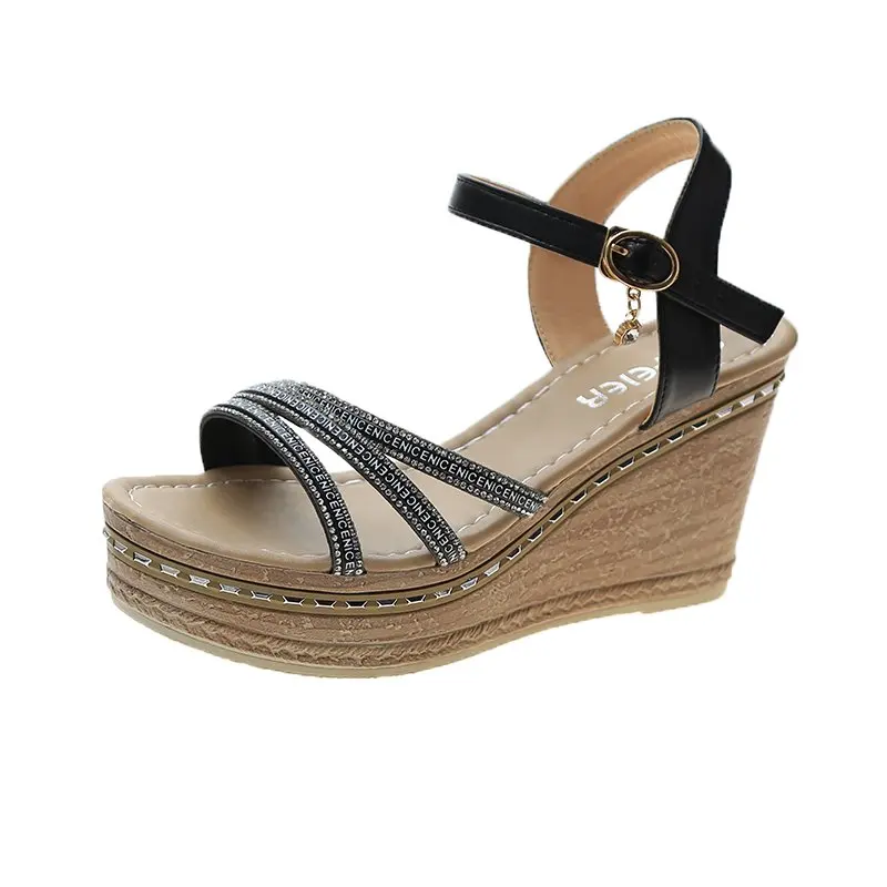 

High Heel Sandal for Women Female Shoe Buckle Strap 2021 Summer Clogs Wedge Espadrilles Platform Increasing Height High-heeled G