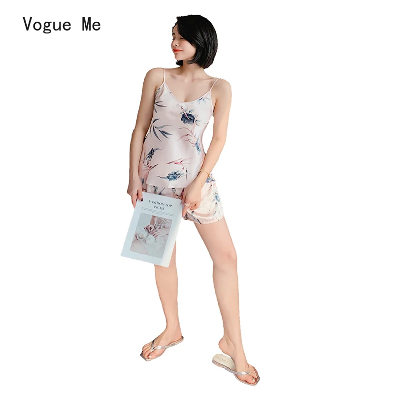 

Summer Women's Thin Sexy Fashion Flower in Ink All-match Simple Fashion Strap Shorts Two-Piece Homewear Sets