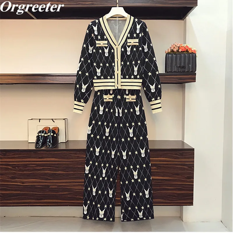 

Plus Size Knit Suits for Women Fall Winter New V-neck Knitted Cardigan Jacket Wide Leg Pants Suits Sweater Two Piece Sets Female