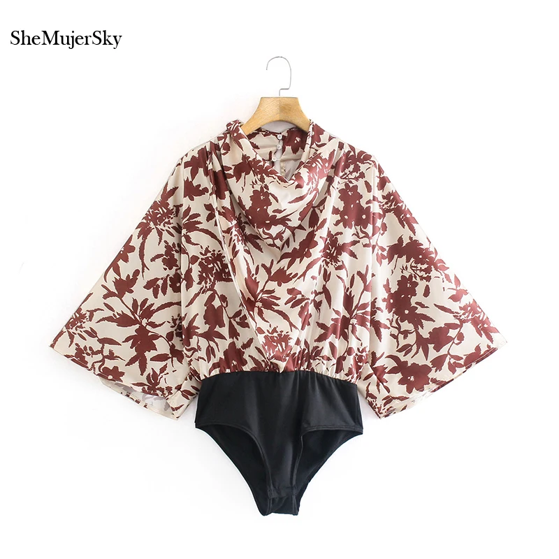 

SheMujerSky Women Loose Long Sleeve Bodysuits Swinging Collar Leaf Print Jumpsuit 2021 Spring Autumn Bodysuit